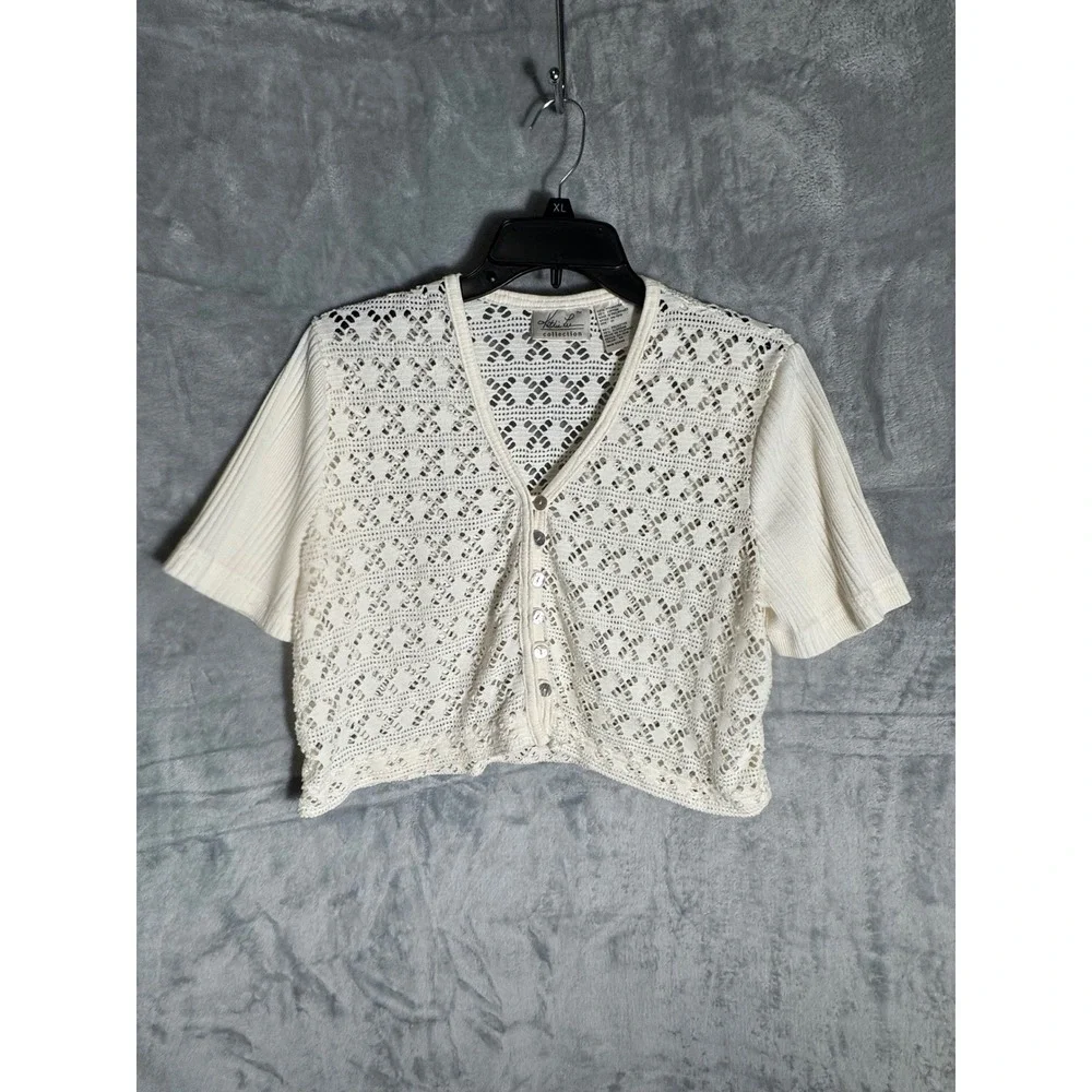 Kathie Lee Collection Cream Crochet Knit Short Sleeve Cardigan‎ Vintage Sz 10